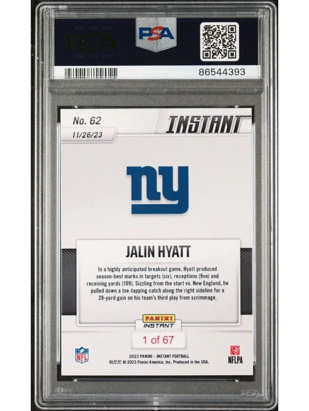 Jalin Hyatt 2023 Panini NFL Rookie Football #62 Card 1 of 67 Giants PSA 9 Mint